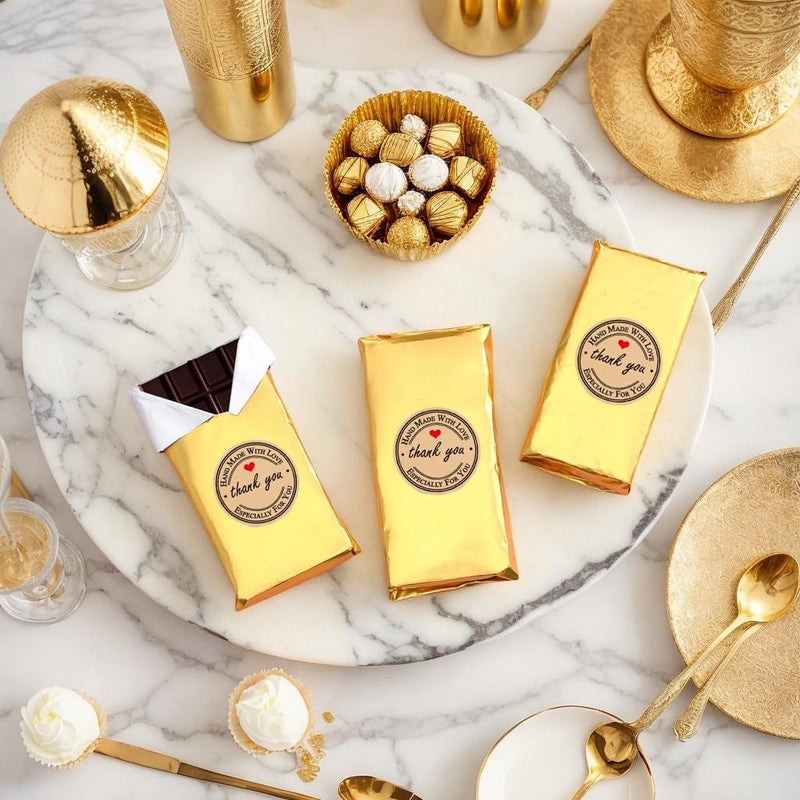 XPMBF Chocolate Bar Wrappers Gold Foil Sheets Candy Bar Wrappers, with Thick Paper Backing Foil Sheets for Food DIY Candies Wrapping Packing Gifts Coated waterproofs with 105Pcs Handmade Stickers - Image 2